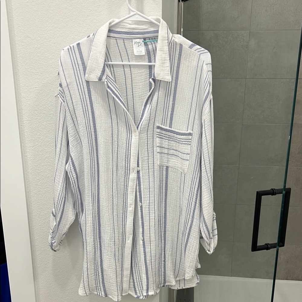 Casual White and Blue Striped Button Down Shirt
